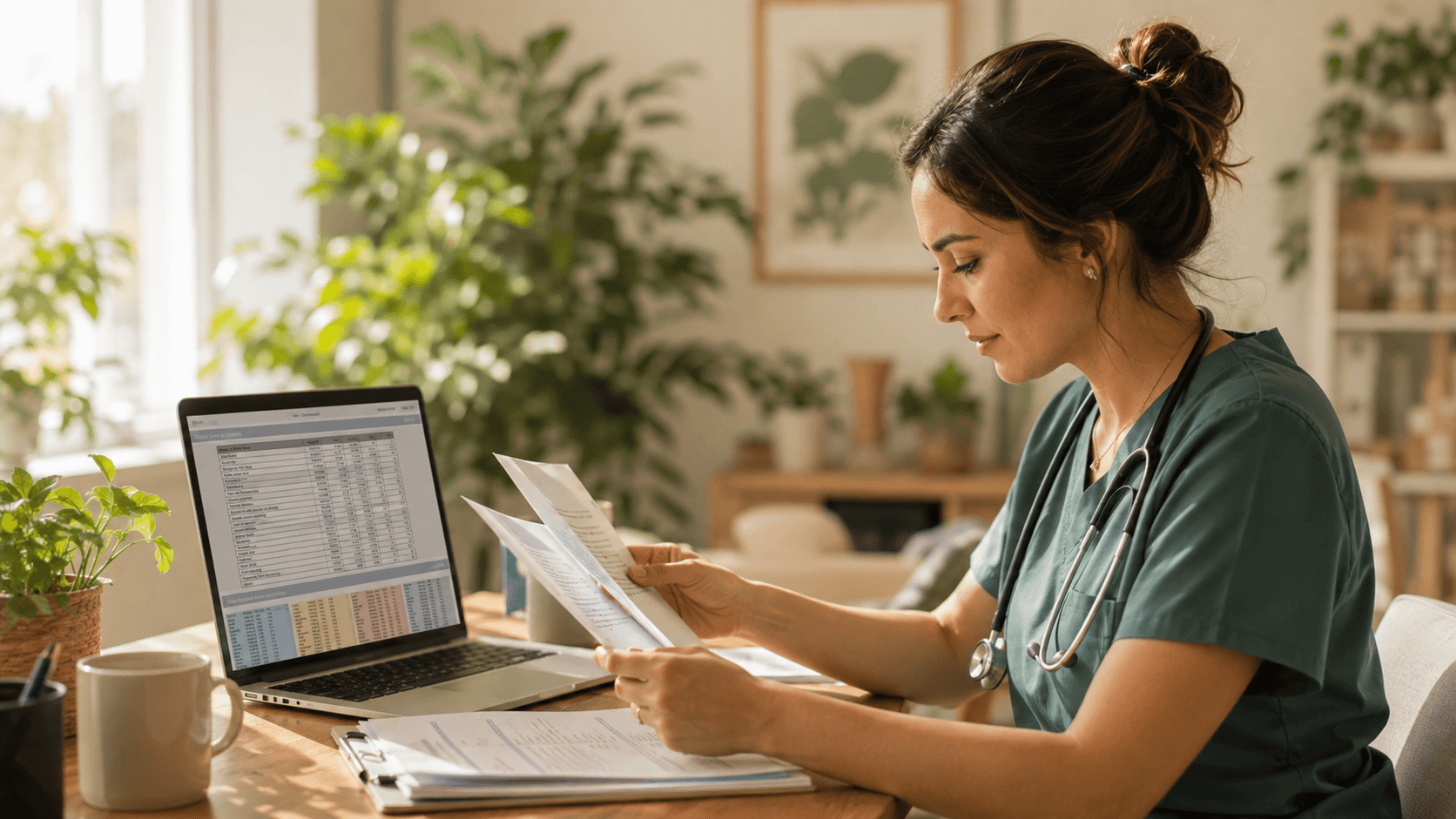 A biller reviewing a paper remittance next to a claims spreadsheet