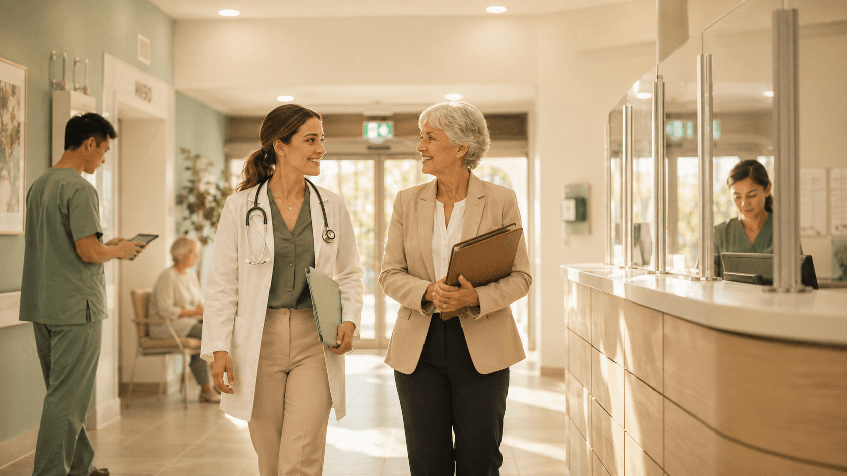 A physician and an administrator walking through a clinic lobby