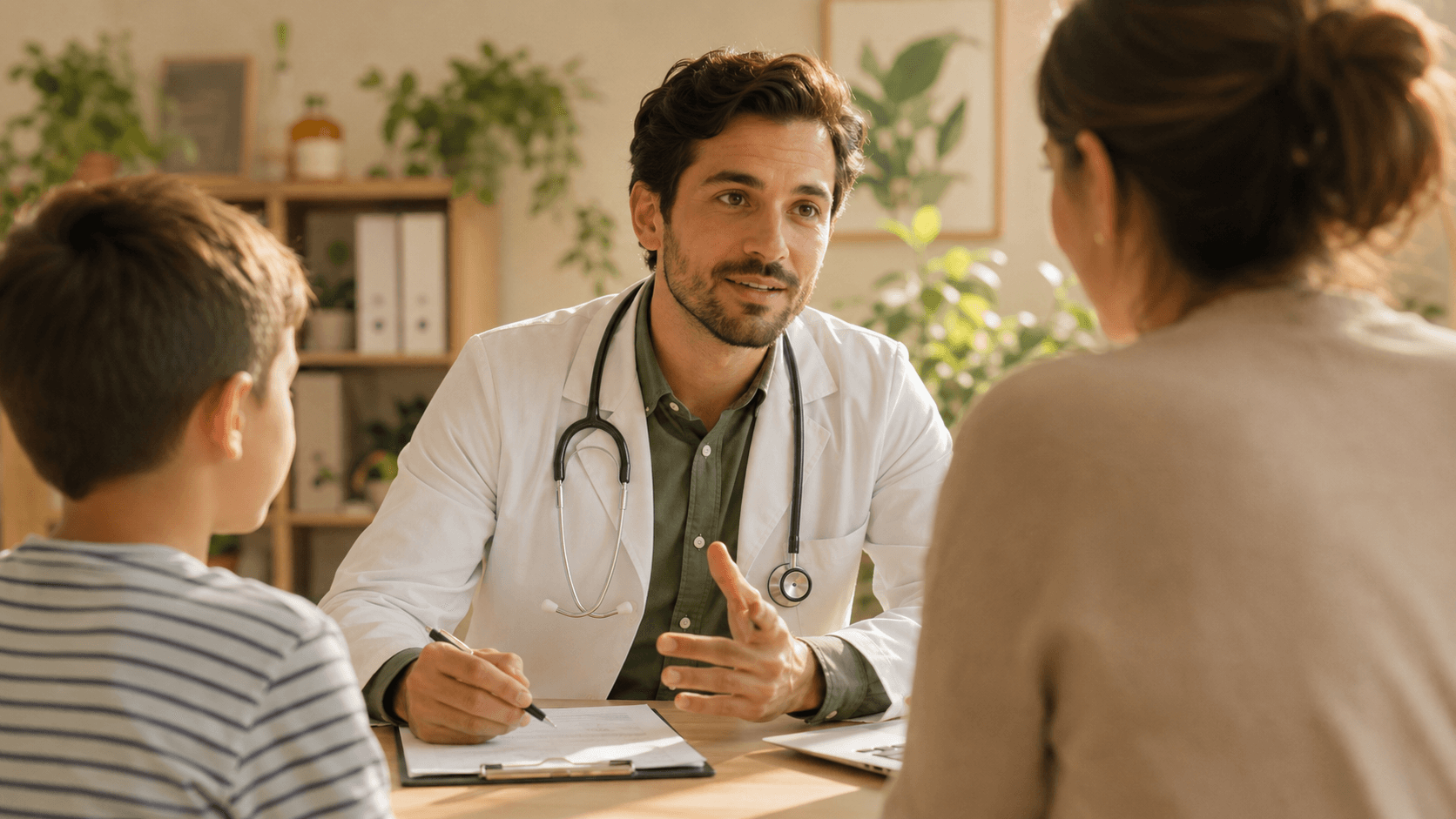 A clinician talking a family through their care in an exam room