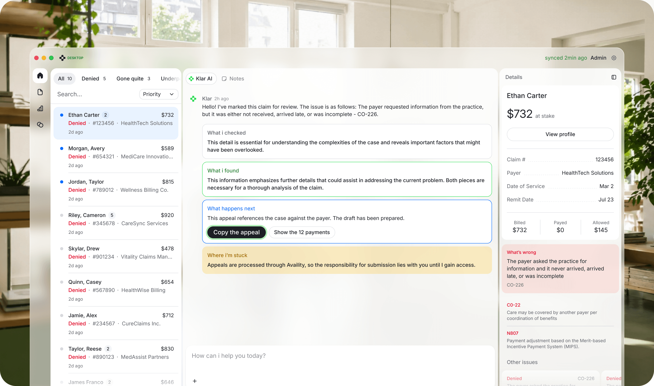 The Klar workspace showing a denied claim, the AI review thread and the claim detail sidebar
