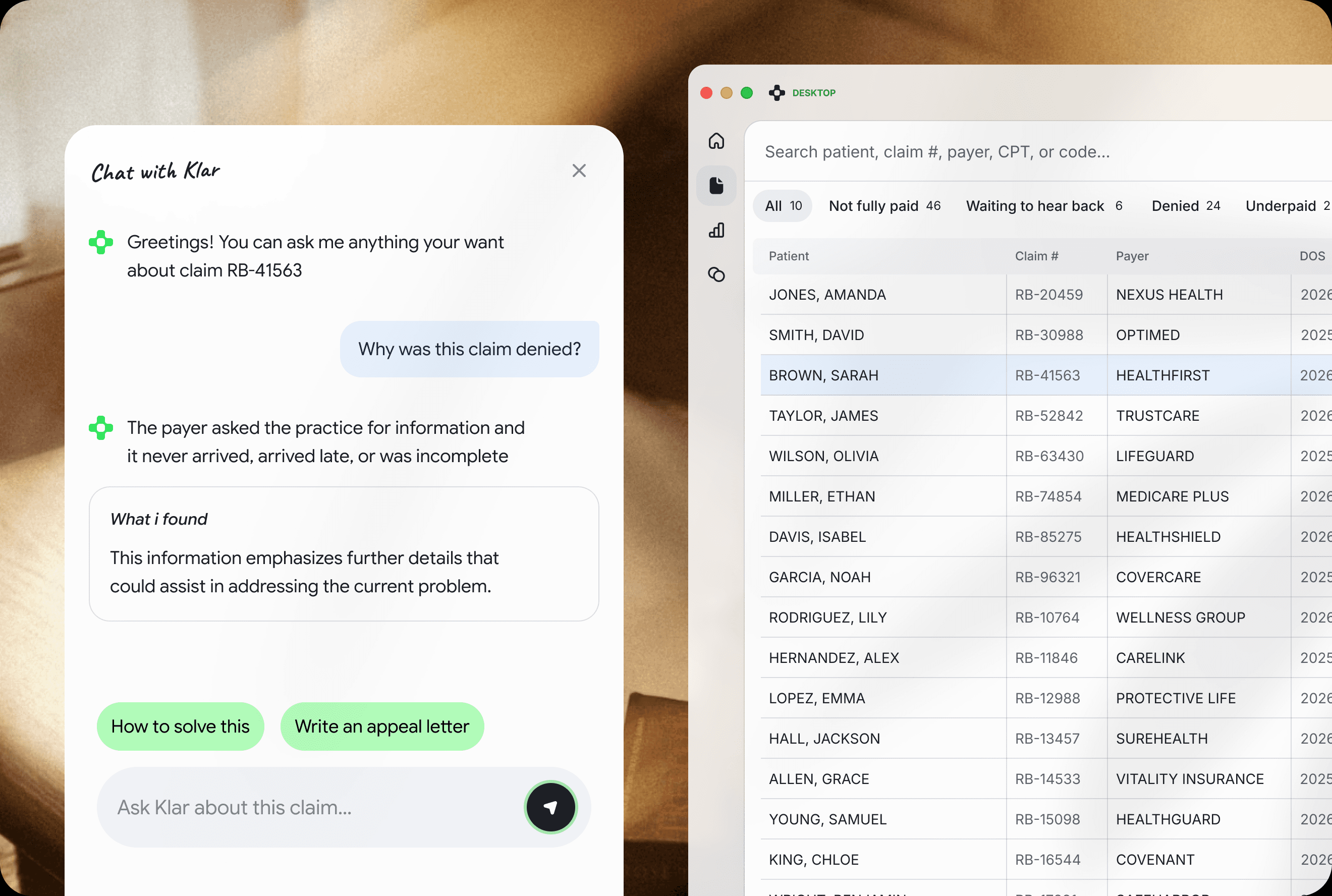 A Klar chat answering why a claim was denied next to the full claim table