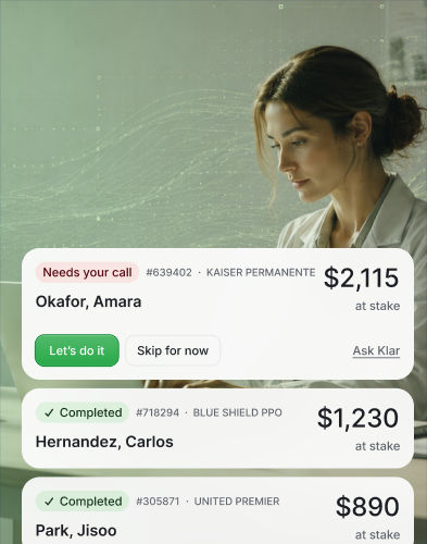 Klar’s claims workflow showing a claim that needs attention and completed claims.